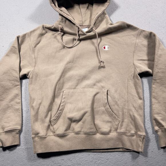 Champion‎ Hoodie Men Medium Beige Reverse Weave Pullover Sweatshirt Logo + Spots - Picture 2 of 9